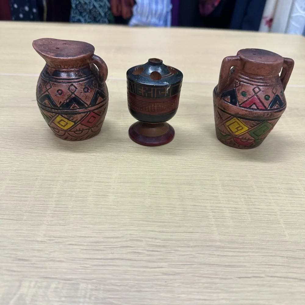 Native American Vintage Redware Salt and Pepper Shakers and Toothpick Holder EUC